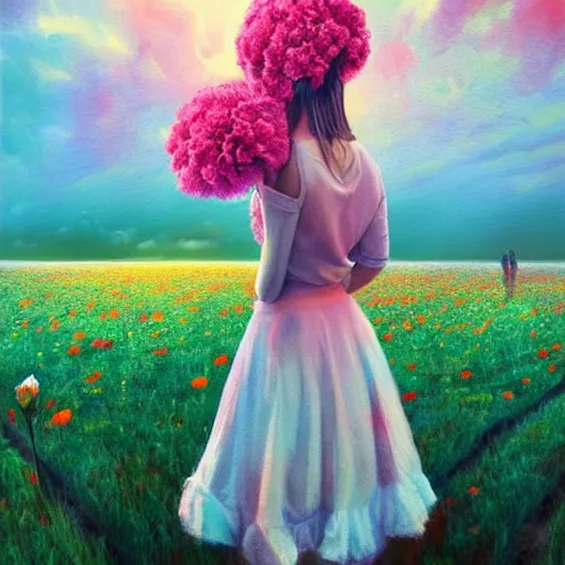 Prompt: head made of carnations flower, full body, girl standing in a flower field, surreal photography, sunrise dramatic light, impressionist painting, colorful clouds, digital painting, artstation, simon stalenhag, flower face