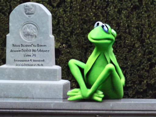 Image similar to A marble memorial statue of Kermit the frog at the graveyard, foggy day