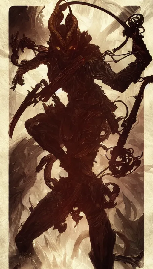 Image similar to demon hunteras a playing card, sweaty, dynamic action pose, insane, intricate, highly detailed, digital painting, artstation, concept art, smooth, sharp focus, illustration, Unreal Engine 5, 8K, art by artgerm and greg rutkowski and alphonse mucha