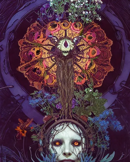 Prompt: the platonic ideal of flowers, rotting, insects and praying of cletus kasady carnage davinci dementor chtulu mandala howl's moving castle dinotopia bioshock the witcher, fantasy, ego death, decay, dmt, psilocybin, concept art by randy vargas and greg rutkowski and ruan jia and alphonse mucha