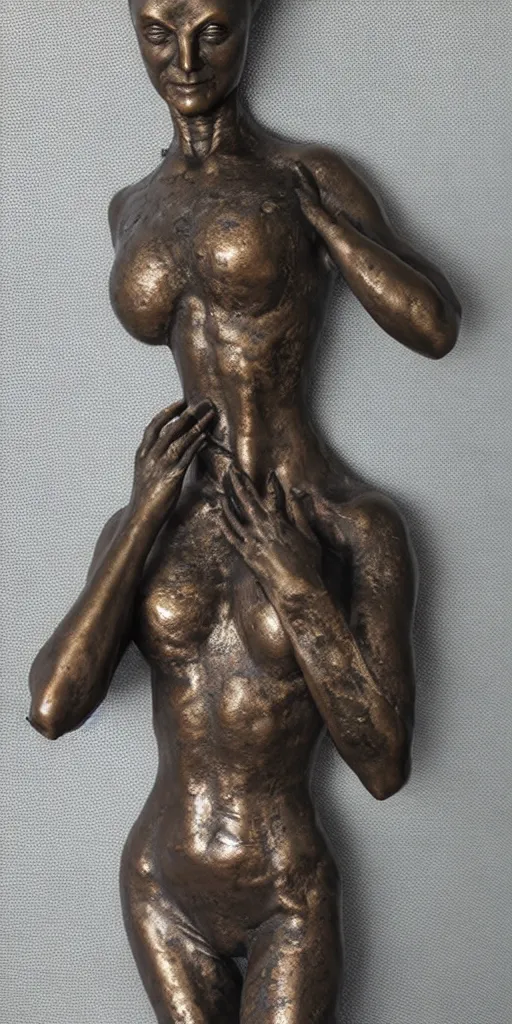 Image similar to detailed photo of old bronze patina statue of most beautiful alien woman, full body portrait, various bending poses, photorealism, intricate detail, museum diffuse lighting