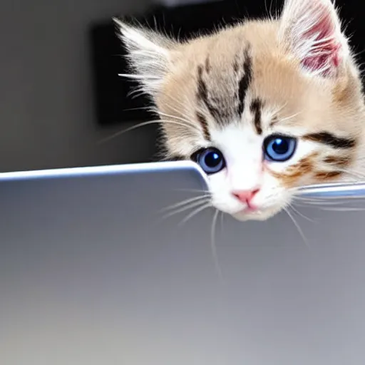 Prompt: an cute kitten is sticking its head out of a monitor of a laptop