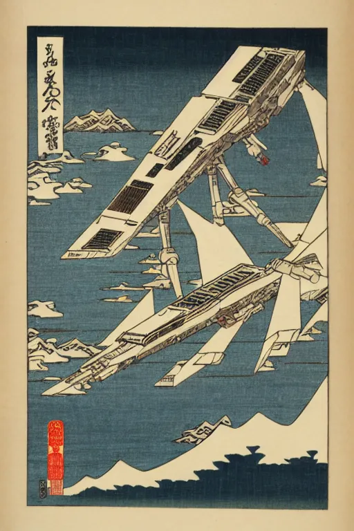 Image similar to Japanese woodblock print of a Star Wars AT-AT, Hokusai