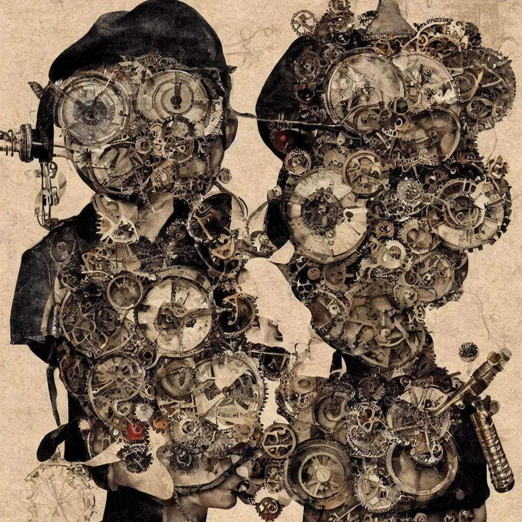 Image similar to steampunk boy with a super detailed and intricate mask, collage in the style of hannah hoch