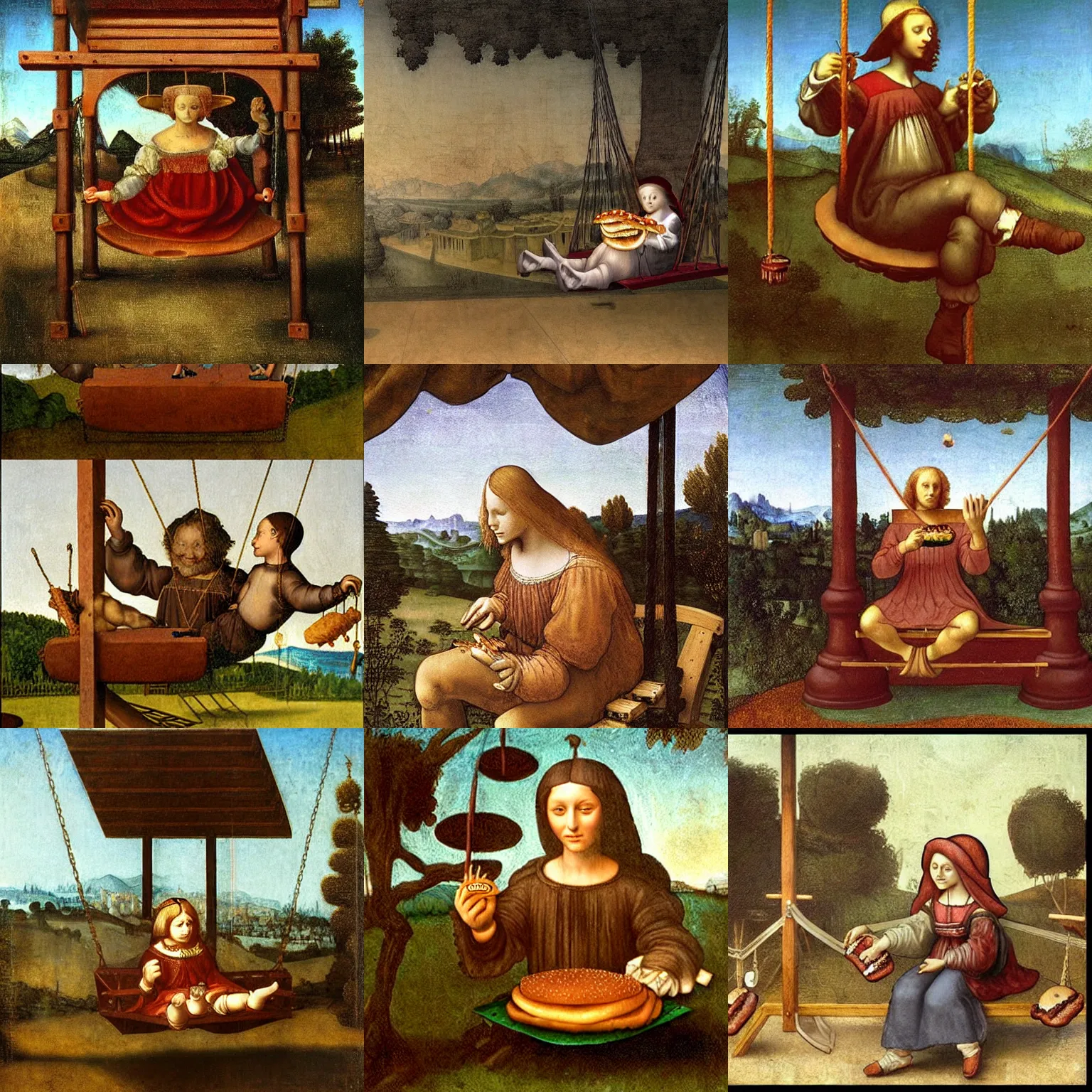 Prompt: leonardo davinci eating a hamburger on a swing set, playground, renaissance era, lowbrow, matte painting, highly detailed, in the style of mark ryden