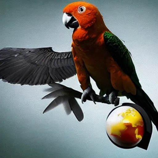 Prompt: spherical cat with wings attacks a parrot