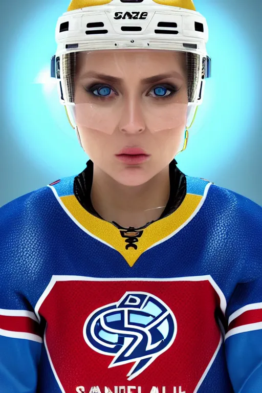 Prompt: hyperrealistic detailed portrait of a female ice hockey player, Sainte Flanelle, Habs, cleric, futuristic fantasy, D&D, blonde hair, golden sky blue eyeball, red blue white and golden jewelry, soft features, elegant, artstationHD, intricate details, tarot card, cinematic, vibrant