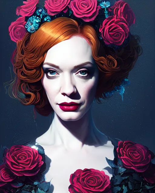 Image similar to portrait of christina hendricks with roses, baroque, cyberpunk cyborg. roses, sci - fi, intricate abstract upper body intricate artwork, by tooth wu, wlop, beeple, dan mumford. concept art, octane render, deviantart, greg rutkowski, cinematic arthouse, key art, hyper realism, iridescent accents