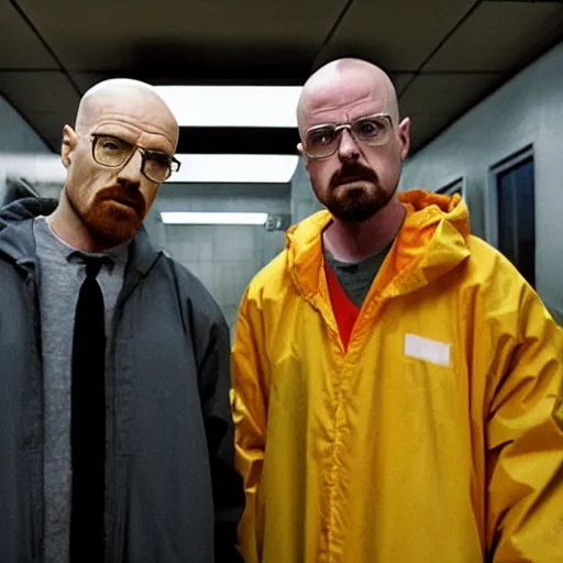 Prompt: walter white and jessie pinkman in gus frings underground laboratory