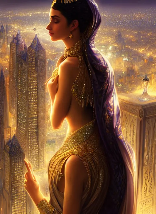 Image similar to an arabian princess looking over her city at night in the rain, shiny, fantasy, intricate, elegant, hyper detailed, ultra definition, photoreal, artstation, unreal engine rendered, concept art, smooth, sharp focus, illustration, art by artgerm and greg rutkowski and alphonse mucha and garis edelweiss