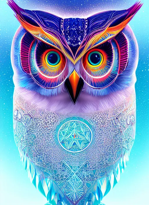 Image similar to symmetry!! product render poster vivid colors divine proportion owl, ice and snow, glowing fog intricate, elegant, highly detailed, digital painting, artstation, concept art, smooth, sharp focus, illustration,