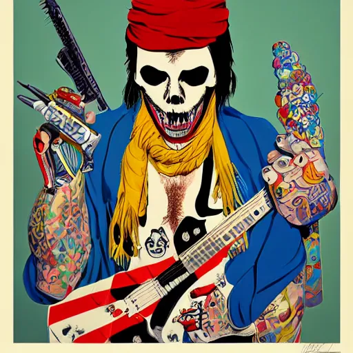 Image similar to taliban punk and rock and roll. pop art style images. symmetrical anatomy. ornate. without duplication of images. digital painting. confident posse. concept art. beautiful detailed. artstation.. sharp focus. ilustration art by diego fazio and mel ramos and peter blake and ed ruscha and peter max and takashi murakami