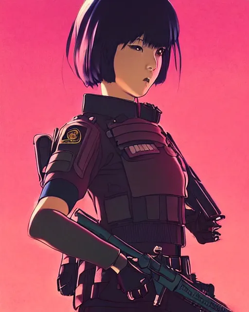 Image similar to soldier in riot gear | very very anime!!!, fine - face, audrey plaza, realistic shaded perfect face, fine details. anime. realistic shaded lighting poster by ilya kuvshinov katsuhiro otomo ghost - in - the - shell, magali villeneuve, artgerm, jeremy lipkin and michael garmash and rob rey