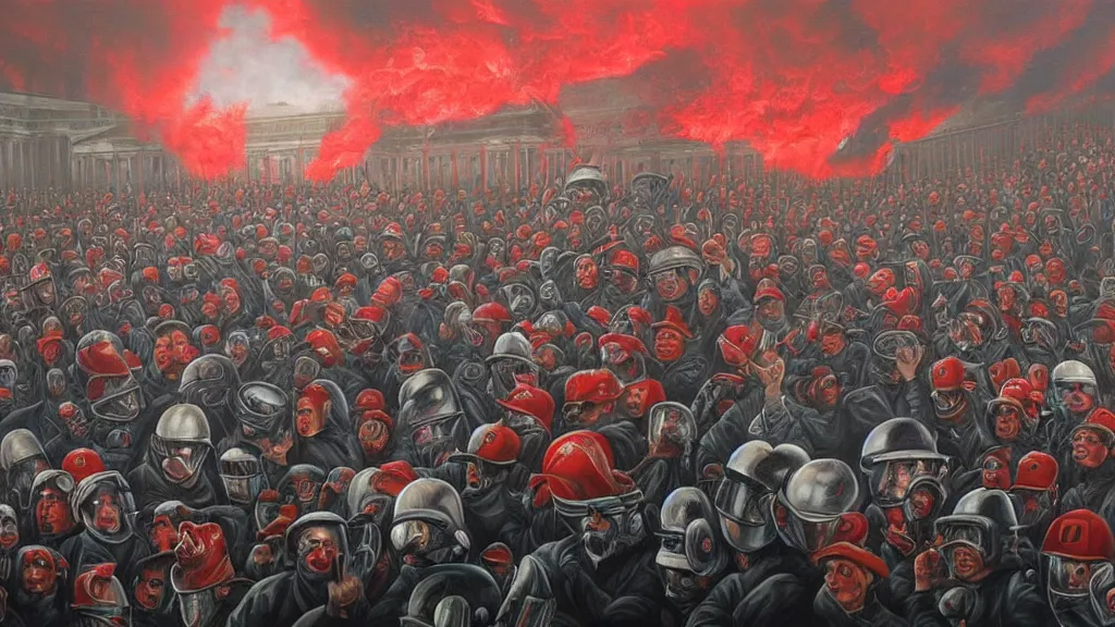 Image similar to a surreal painting by “ chris mars ” of a closeup view of the january 6 capitol riot led by “ donald trump ”. rioters are furious and are wearing red maga hats. highly - detailed contemporary artwork.