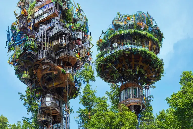 Prompt: an elaborate whimsical treehouse made out of glass and metal, build on the top of a skyscraper, hyperdetailed photograph, 4k