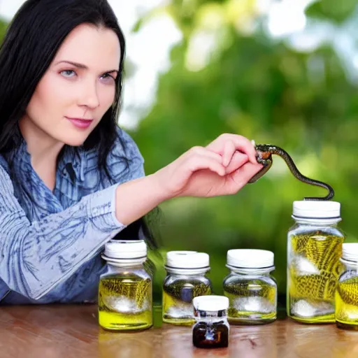 Image similar to young woman selling snake oil, putting snakes into jars, multiple jars of poisonous snake oil