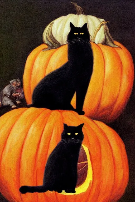 Prompt: dark fantasy painting of giant black cat sitting on a pumpkin, by bekinski, by thomas cole