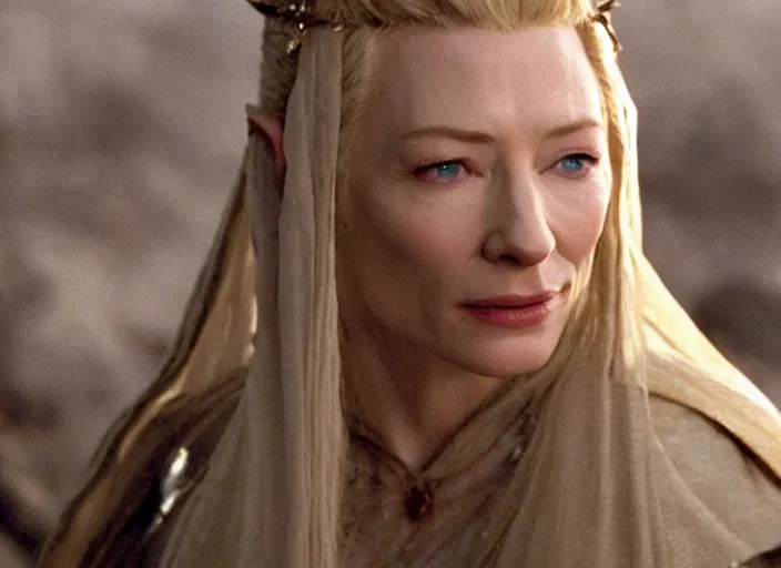 Prompt: film still of cate blanchett as galadriel!!!! in lord of the rings ( 2 0 0 2 )