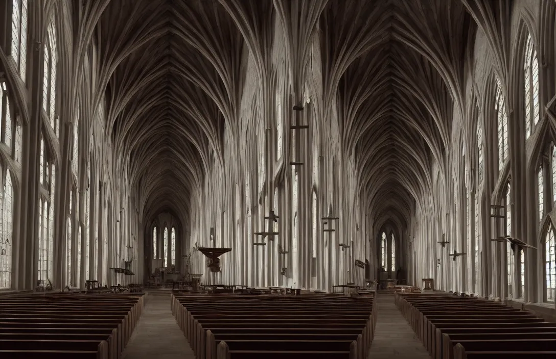 Image similar to in this church interior, vertical lines suggest spirituality, rising beyond human reach toward the heavens. low polygon count cloister quadrangle intact flawless ambrotype from 4 k criterion collection remastered cinematography gory horror film, ominous lighting, evil theme wow photo realistic postprocessing magic painting by rob gonsalves directed by kurosawa