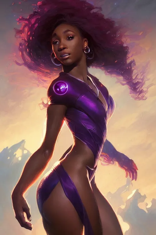 Image similar to normani as starfire profile picture by Greg Rutkowski, dynamic pose, matte painting, intricate, fantasy concept art, elegant, by Stanley Artgerm Lau, WLOP, golden ratio, thomas kindkade, alphonse mucha, loish, norman Rockwell,