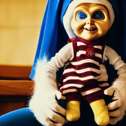 Image similar to a nun in church holding chucky the killer doll on her lap