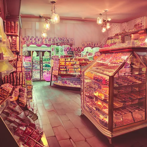 Image similar to Inside an old fashioned sweet shop, fantasy vendor interior, wide angle, cinematic, highly detailed, cinematic lighting , photorealistic, pastel colors