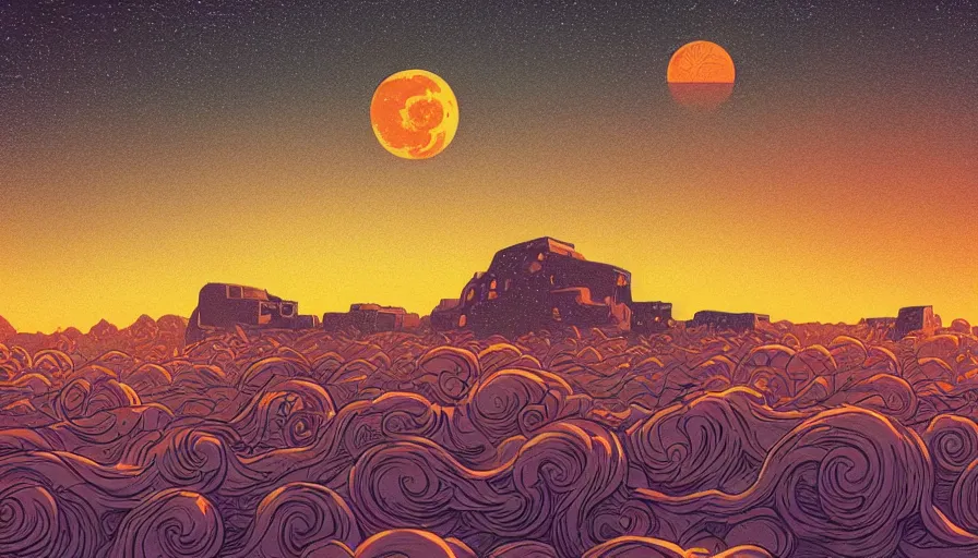 Image similar to harvest moon floating on cosmic maelstrom sky at sunset, futurism, dan mumford, victo ngai, kilian eng, da vinci, josan gonzalez