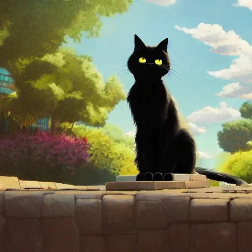 Image similar to a wholesome animation key shot of a black cat! looking a biplane! in the sky, medium shot, studio ghibli, pixar and disney animation, sharp, rendered in unreal engine 5, anime key art by greg rutkowski, bloom, dramatic lighting