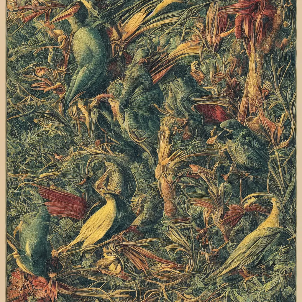 Prompt: brilliant alien bird color scientific illustration by Ernst Haekel, color illustration with orthographic views