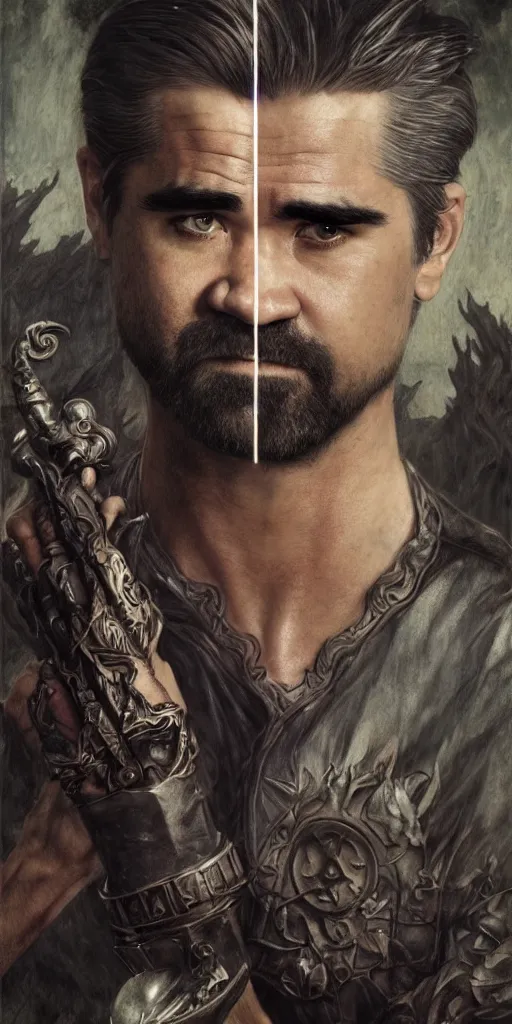 Image similar to colin farrell, tattoos, dungeons and dragons, fame of thrones masterpiece by edgar maxence and ross tran and michael whelan, gustav dore, 8 k, octane render