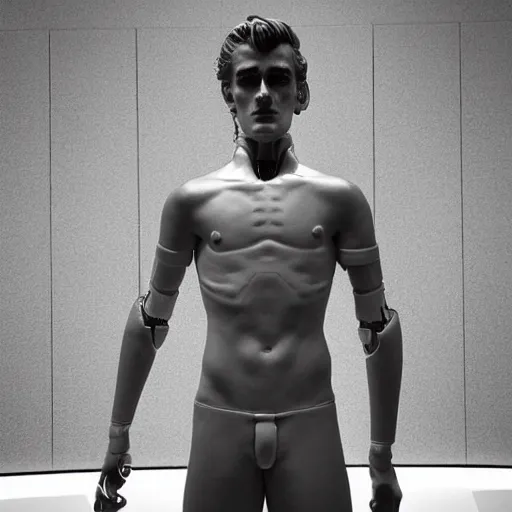 Image similar to “ a realistic detailed photo of a guy who is an attractive humanoid who is half robot and half humanoid, who is a male android, soccer player antoine griezmann, shiny skin, posing like a statue, blank stare, at the museum, on display ”