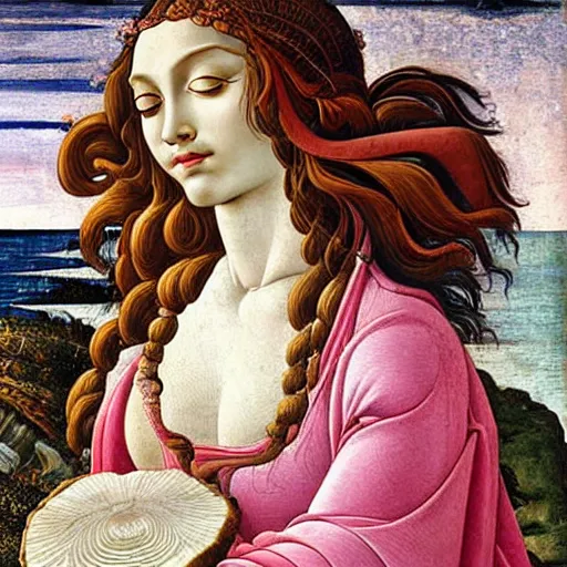 Image similar to an ultradetailed mythological oil painting of a beautiful goddess with long brown hair, full body, wearing pink floral chiton, sleeping on a giant scallop shell, near the seashore, intricate lines, elegant, renaissance style, by sandro botticelli