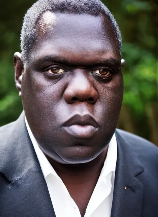 Prompt: DSLR photo portrait still of 50 year old age 50 Notorious BIG at age 50!!!, 85mm f1.8