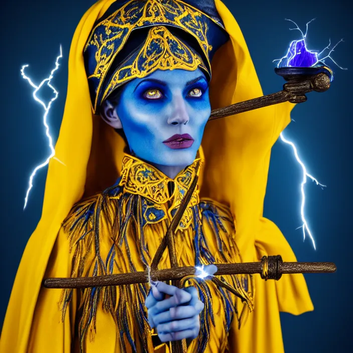 Image similar to photograph of a real - life beautiful elemental lightning witch with ornate yellow and blue robes and staff. extremely detailed. 8 k