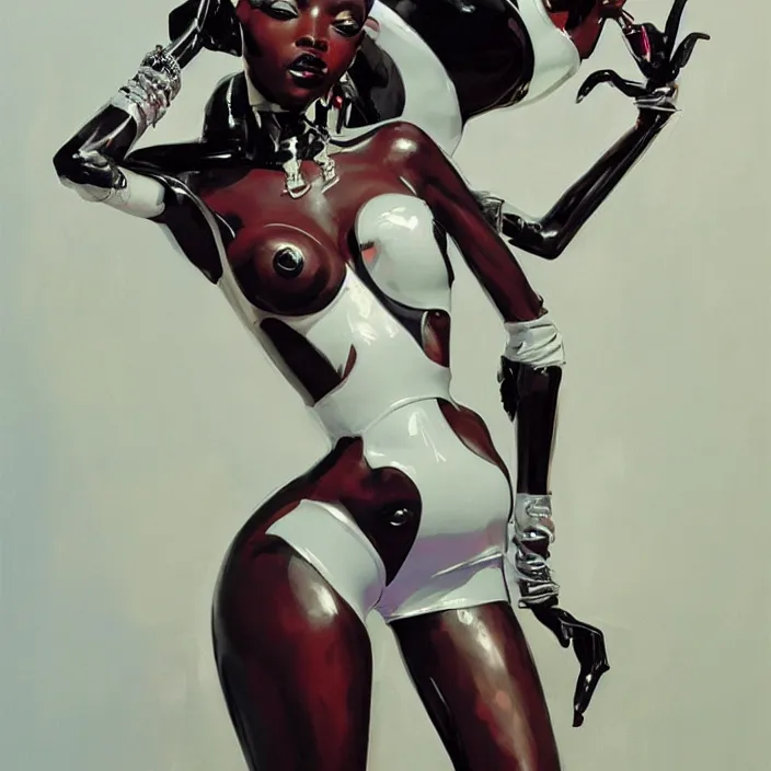 Prompt: slim and cute african domme mistress, full body, dominatrix, rubber and latex, tribal, smooth white surroundings, future, high tech, concept art, realistic painting, digital art by john berkey, by takashi murakami