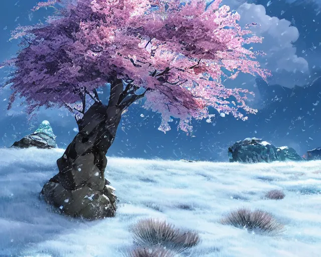 Prompt: snowy rocky field with a sakura tree, petals, cloudy, moodly lighting, snow in wind, illustration, by pine ( ハイネ ) and 薯 子 imoko and 香 川 悠 作 and wlop and maya takamura, highly detailed, trending artstation, pixiv, digital art