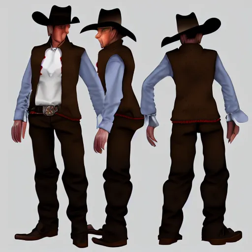 Image similar to model sheet of a wild west outlaw in a ps2 jrpg, 3d render