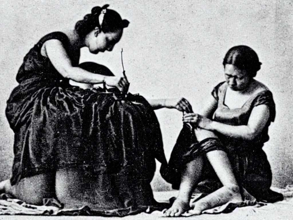 Image similar to a photograph of a woman sewing her feet to her ears