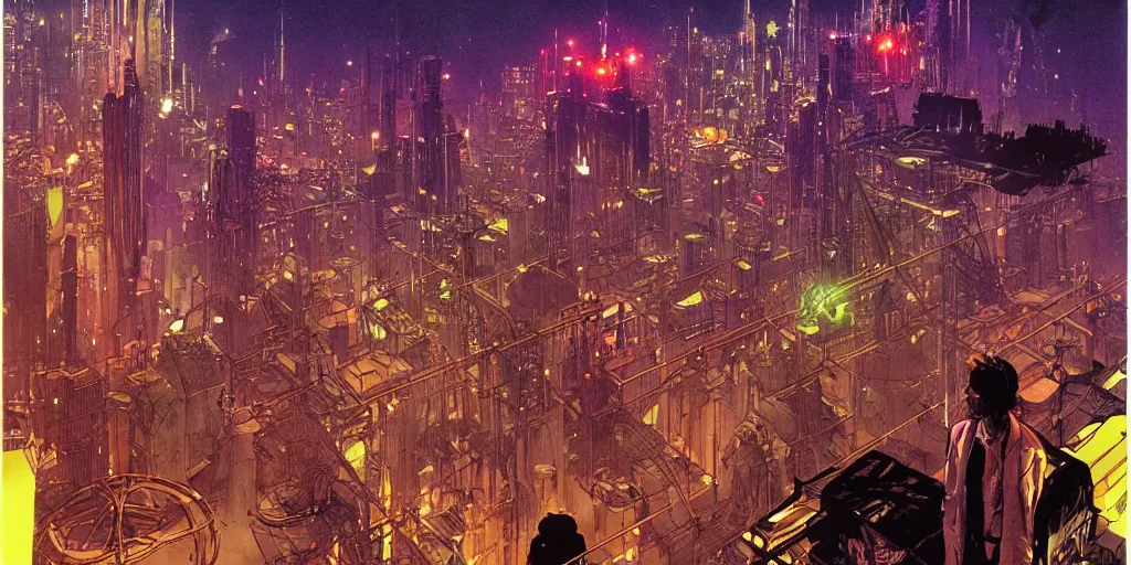 Prompt: vast futuristic steampunk city, dark tall people, night, colored neons, mist, video screens, street lights, cinematic, illustration by moebius and Bill Sienkiewicz