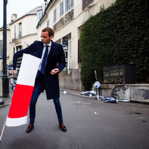 Image similar to a guy who looks like emmanuel macron urinate on a french flag in the street, 5 0 mm lens, street photography