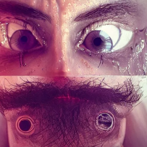 Prompt: three eyed hairy, third eye in middle of forehead, wide wide shot, photograph, wet hairy bodies, wet feet in water, bodies, soft colors, wet eye in forehead, pins, very detailed, wet eyes reflecting into eyes reflecting into infinity, beautiful lighting