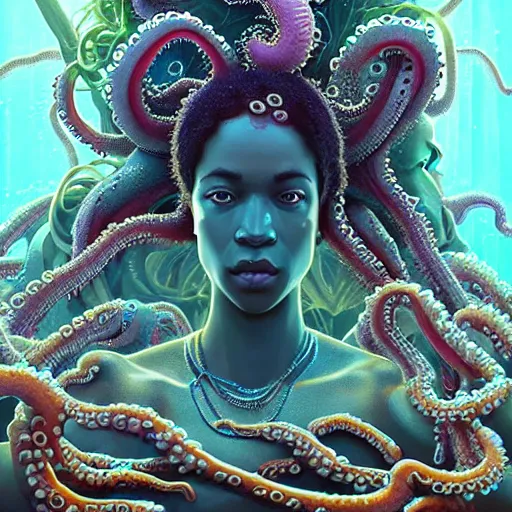 Prompt: symmetry! a detailed intricate portrait of the goddess yemoja using symbiotic octopus technology, unreal engine, fantasy art by greg rutkowski, loish, rhads, ferdinand knab, makoto shinkai and lois van baarle, ilya kuvshinov, rossdraws, tom bagshaw, caustics!!, detailed and intricate environment