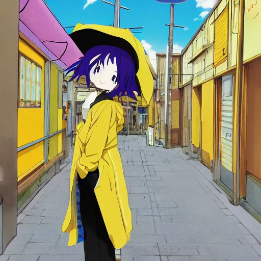 Prompt: anime girl wearing massive yellow raincoat, face obscured by cowl, smug grin, smug, grin, yellow raincoat, cel - shading, 2 0 0 1 anime, flcl, jet set radio future, golden hour, japanese town, concentrated buildings, japanese neighborhood, electrical wires, cel - shaded, strong shadows, vivid hues, y 2 k aesthetic