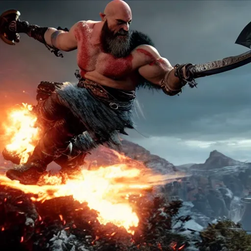 Image similar to kratos, with leviathan axe, jumping a black harley - davidson motorcycle off a cliff, cinematic render, playstation studios official media, god of war 2 0 1 8