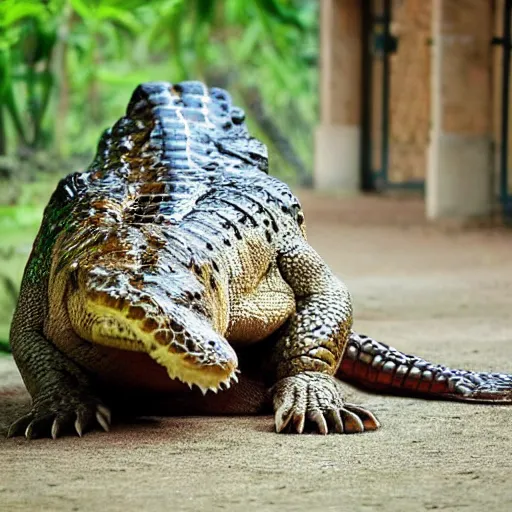 Prompt: crocodile morphed with jaguar, hybrid animal, realistic proprtions, half jaguar half crocodile, picture taken in zoo, highly detailed