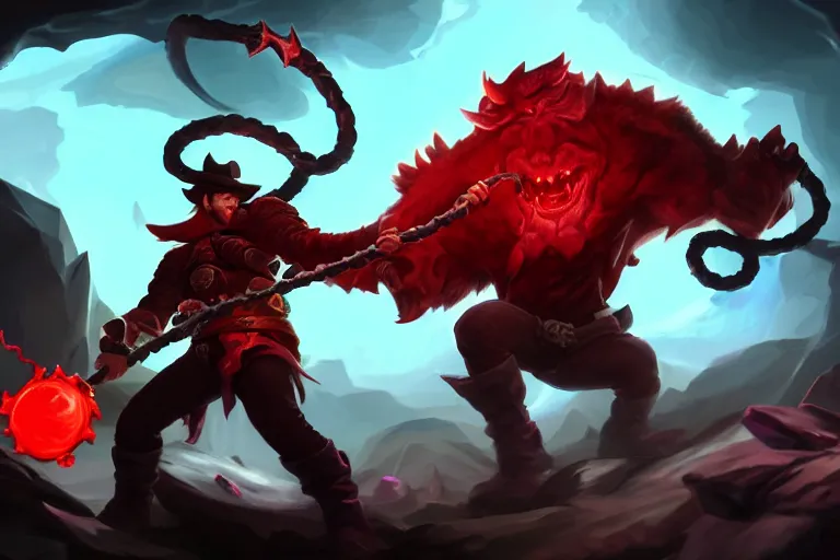 Prompt: a crimson demonic horned cowboy wielding a bullwhip with eyes, in front of a dark chasm in a crystal cave, league of legends champion splash art, 8 k digital art, d & d, trending on artstation, by lim chuan shin