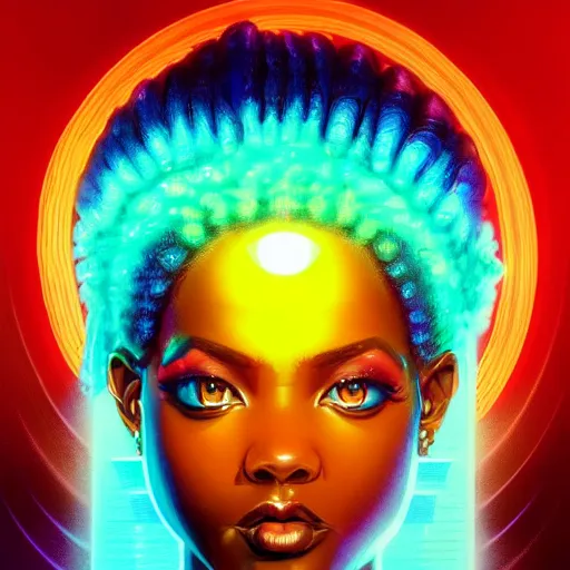 Image similar to african neon goddess, science fiction, highly detailed, digital painting, beautiful eyes, symmetry, concept art, sharp focus, illustration, global illumination, radiant light, synthwave colors, detailed and intricate environment, art by artgerm and greg rutkowski and magali villeneuve and ilya kuvshinov!