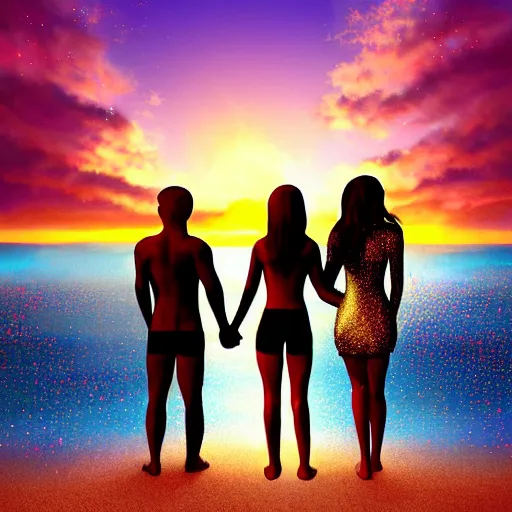 Image similar to a male and a female angels holding hands, seen from the back on a beach made of shiny crystals, at sunset, highly detailed digital art, trending on artstation