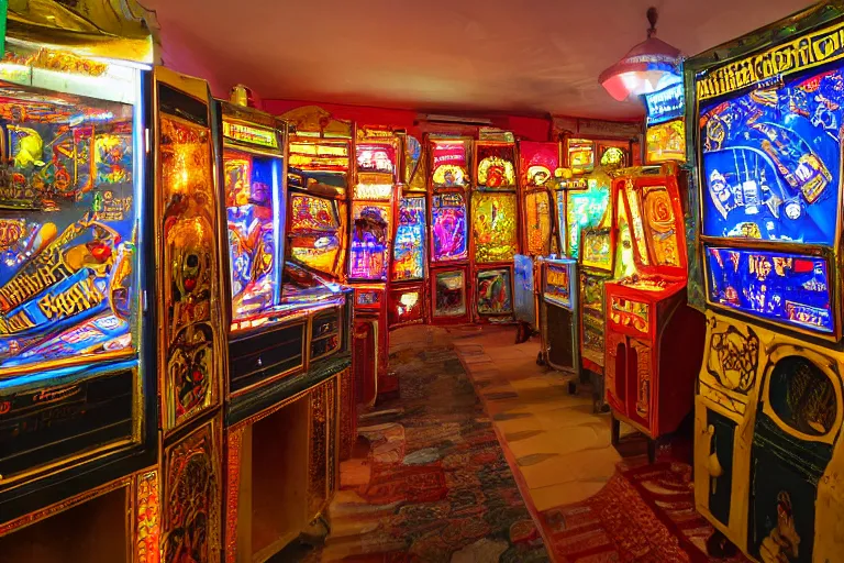 Image similar to mughal architecture interior of a lively early arcade full of videogame cabinets, pinball tables