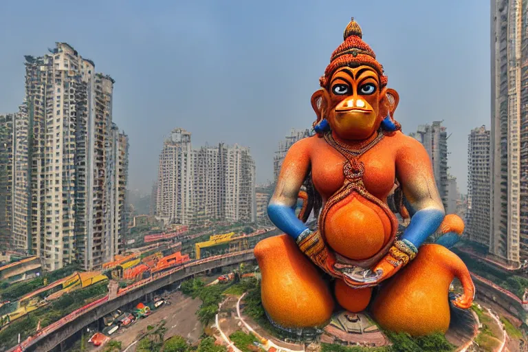 Image similar to high quality 3 d dreamscape! biomorphic hanuman head building in the middle of mumbai!!, kalighat highly detailed, cinematic smooth, stephen shore & john j. park, soft morning light, wide shot, high angle, uhd 8 k, deep focus